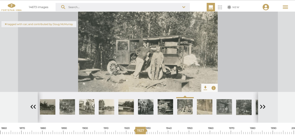 The Fortepan.us interface, showing a large photo of two boys with a truck at a camping site, the thumbnail timeline view below, and the clickable timeline below that. 